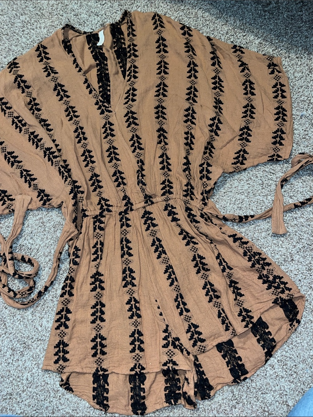 Elan Tan Romper with Black Embroidered Stripe Pattern